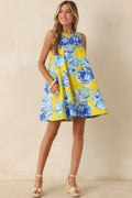 One Fine Day Yellow & Blue Cotton Floral Swing Dress