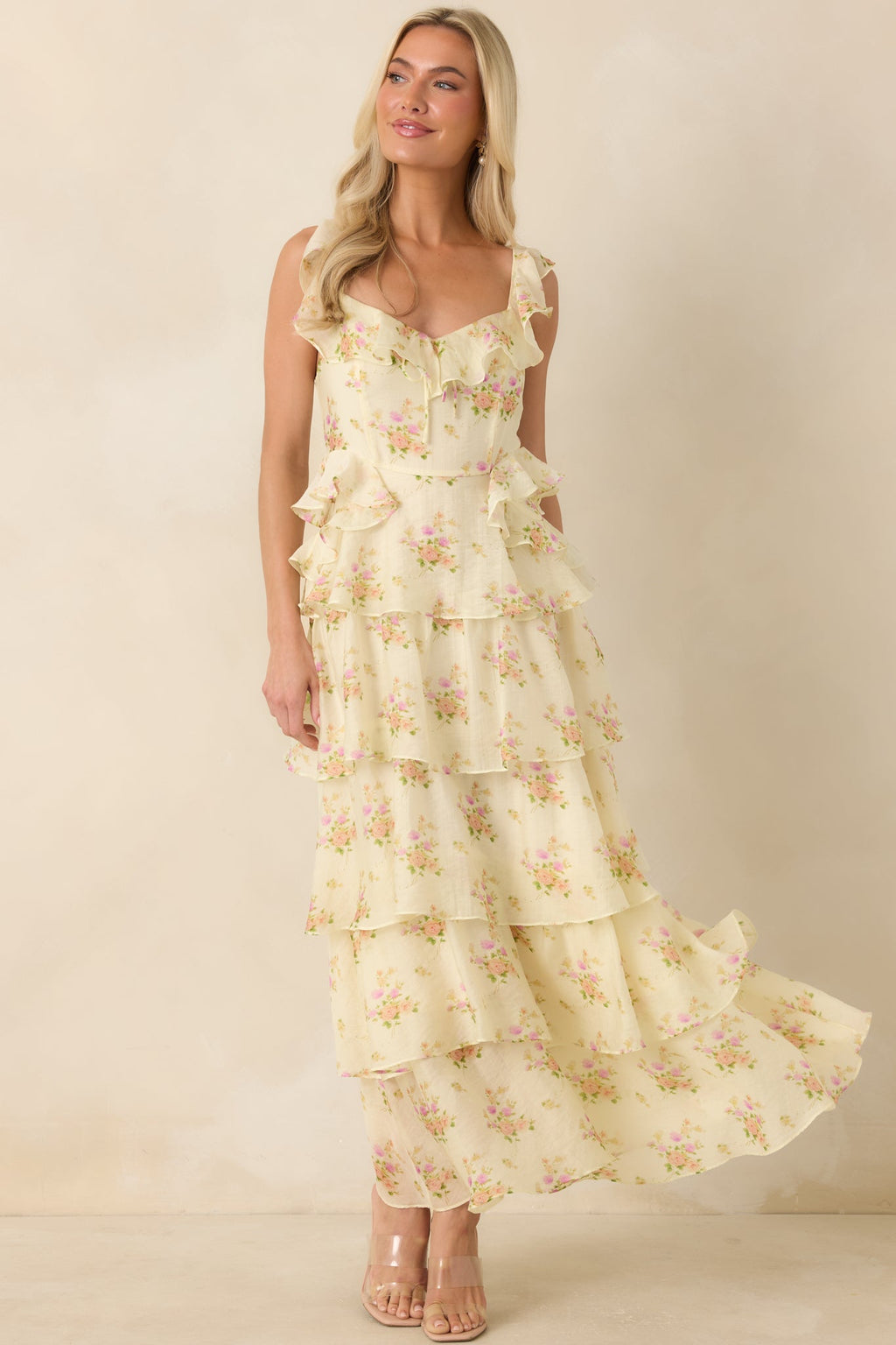 ASTR The Label Adessa Yellow Floral Ruffle Tiered Maxi Dress