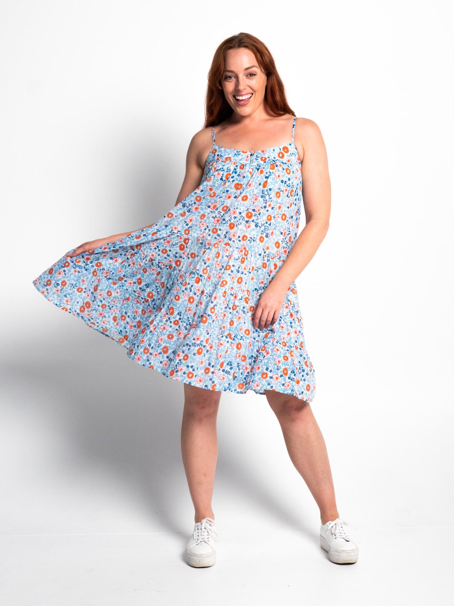 Chilli Strappy Dress in Small Orange Flowers