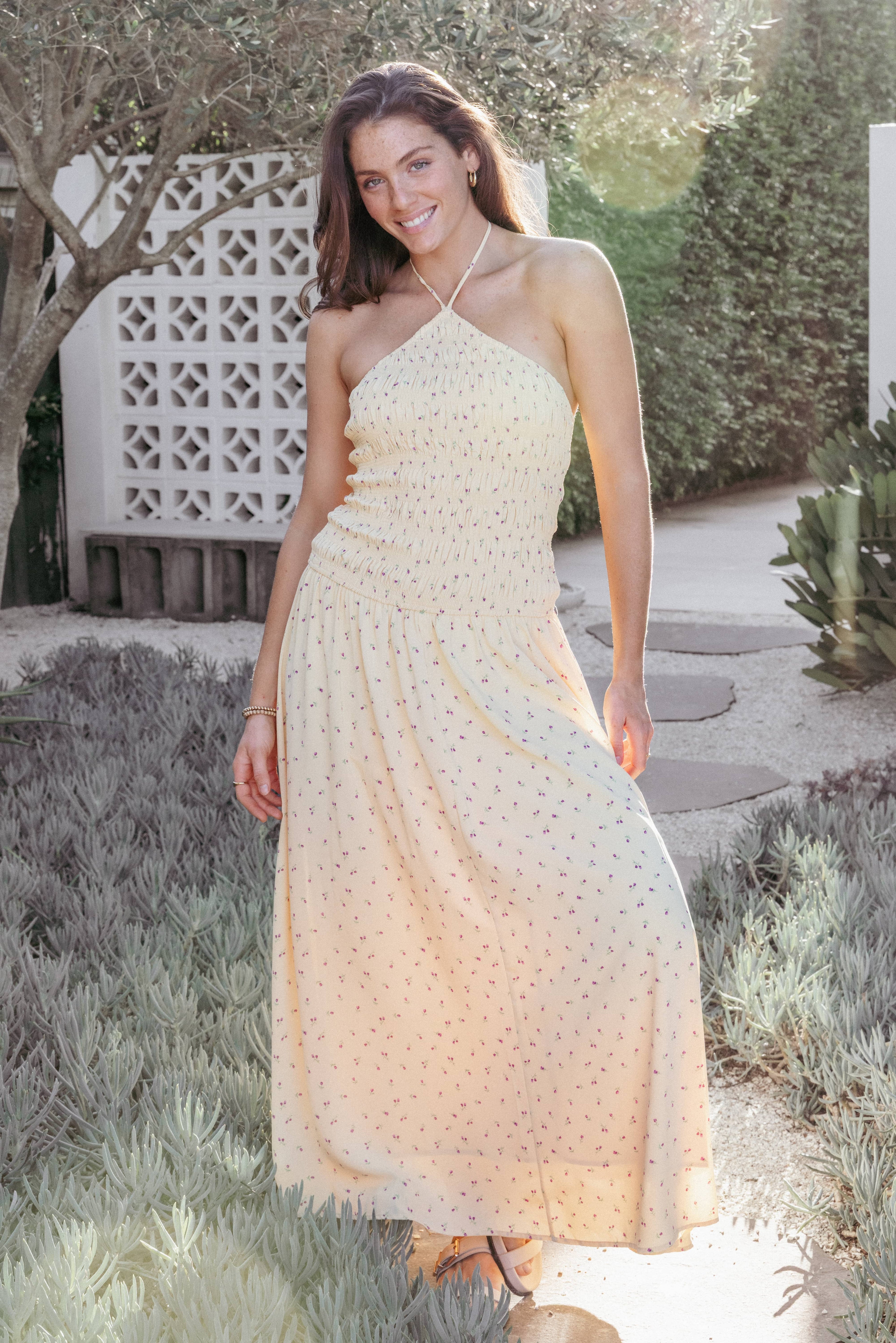 Aradia Halter Maxi Dress - Yellow Floral