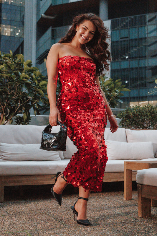 Karlie Strapless Sequin Maxi Dress - Red